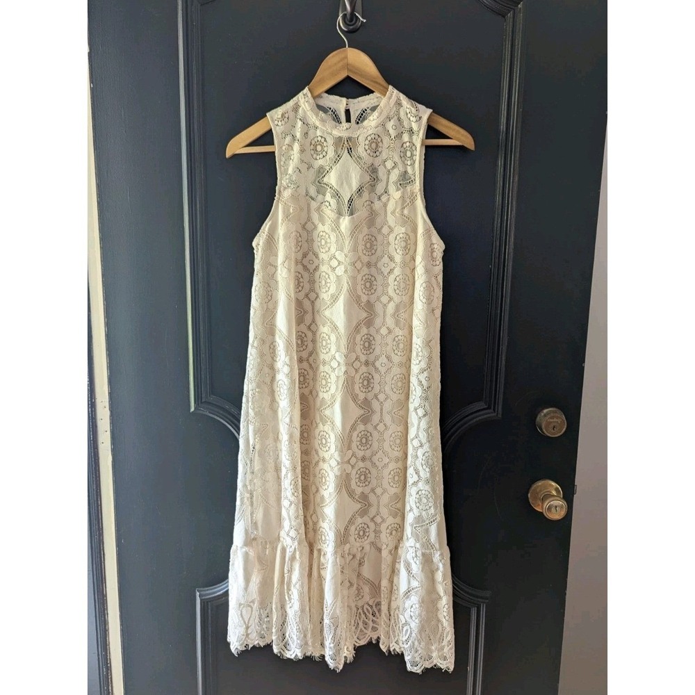 Anthropologie Floreat Cream Floral Lace Sleeveless Ruffle Hem Shift Dress Sz 0
